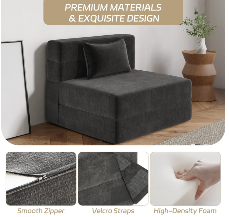 Sofá Cama Plegable de Tres Pliegues – Sillón Futón Convertible Ergonómico con Funda Desmontable, Soporte de Espuma de Alta Densidad, Portátil para el Hogar, Dormitorio, Oficina, Relajación al Aire Libre, Siesta o Uso para Huéspedes