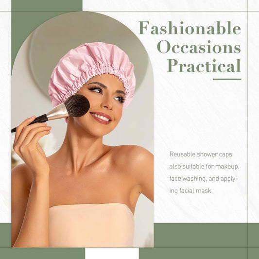 Reusable Shower Cap for Women, Large Waterproof Shower Bonnet Washable Elastic Band Bath Hair Hat for Long Hair, Braids(Pink)