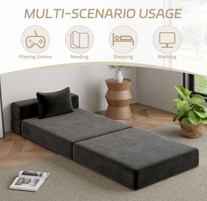 Sofá Cama Plegable de Tres Pliegues – Sillón Futón Convertible Ergonómico con Funda Desmontable, Soporte de Espuma de Alta Densidad, Portátil para el Hogar, Dormitorio, Oficina, Relajación al Aire Libre, Siesta o Uso para Huéspedes