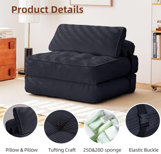 Folding Sofa Bed – Convertible Chaise Lounge & Futon, Tufted Cushion, Space-Saving Design for Living Room, Guest Room, Dormitory