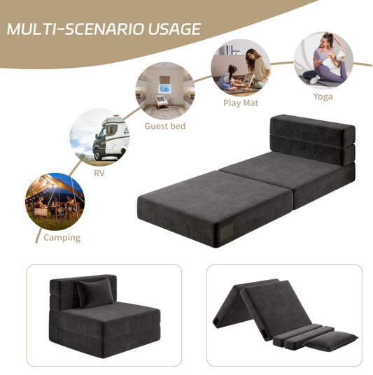Tri-Fold Folding Sofa Bed – Ergonomic Convertible Futon Chair with Detachable Cover, High-Density Foam Support, Portable for Home, Dorm, Office, Outdoor Relaxation, Nap, or Guest Use