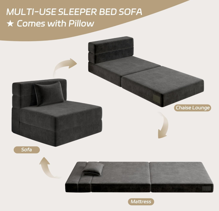 Sofá Cama Plegable de Tres Pliegues – Sillón Futón Convertible Ergonómico con Funda Desmontable, Soporte de Espuma de Alta Densidad, Portátil para el Hogar, Dormitorio, Oficina, Relajación al Aire Libre, Siesta o Uso para Huéspedes