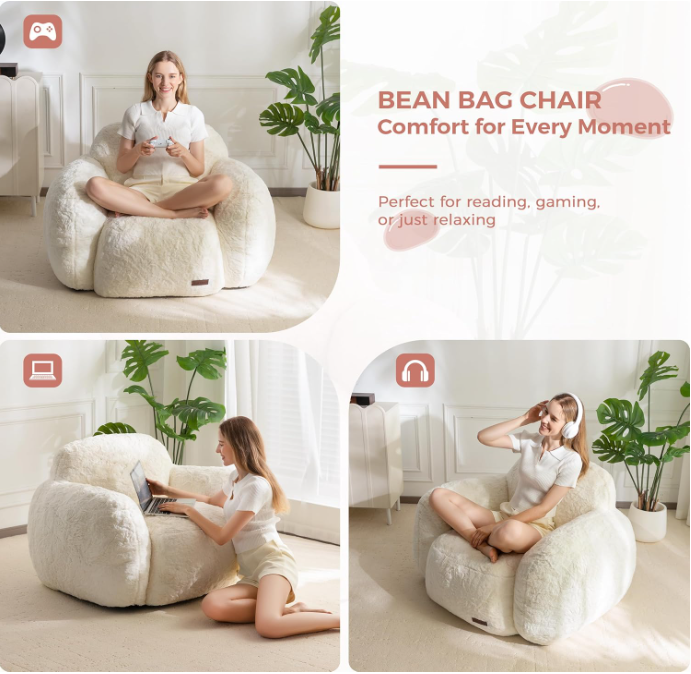 Puf con forma de guijarro – Sillón decorativo de felpa de piel sintética con espuma de alta densidad para sala de estar, dormitorio o residencia estudiantil