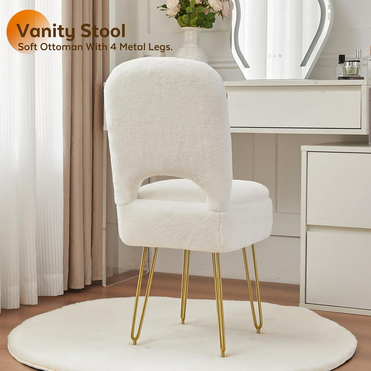 Vanity Chair with Storage and Folding Back, Faux Fur Square Storage Chair, Vanity Stool Chair with 4 Metal Legs for Bedroom, Living Room and Makeup Stations, 13.4"x 15"x 30", White