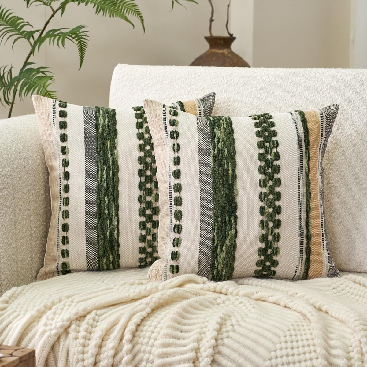 Aeckself Boho Throw Pillow Covers 18x18 Inch Set of 2, Farmhouse Decorative Striped Square Pillow Covers Chenille Tufted Pillow Cases Accent Neutral Pillowcase for Living Room Couch Bed, Orange White